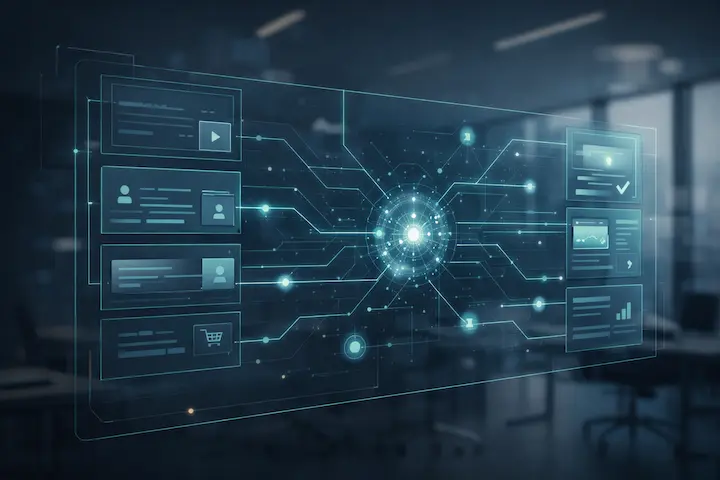 Fluxograma digital de inteligência artificial antecipando necessidades de navegação em uma interface resiliente.