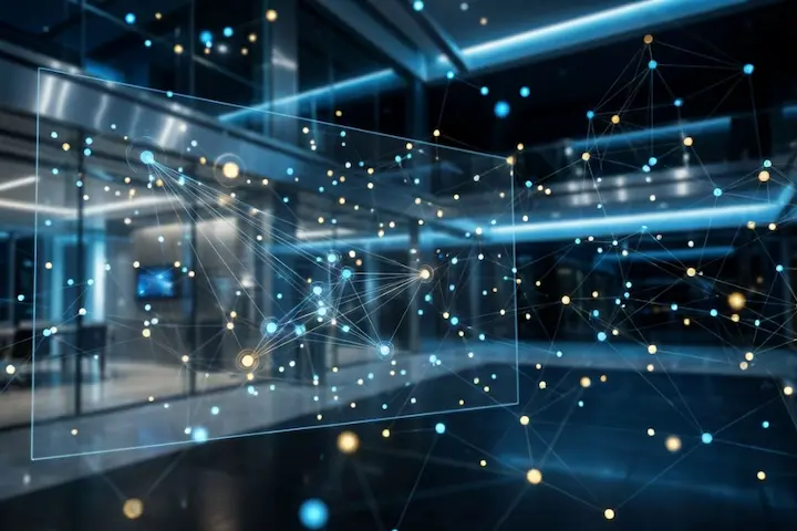 Representação visual de rede descentralizada com nós luminosos interconectados em um ambiente corporativo moderno e futurista.