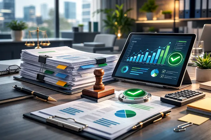 Mesa de trabalho organizada com balança da justiça ao fundo, pilhas de documentos e tablet exibindo selo de conformidade aprovada.