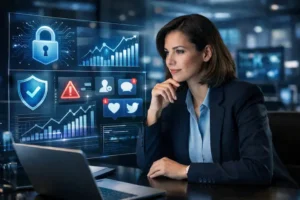 Profissional analisando métricas de segurança digital nas redes sociais e alertas de crise em painel online.