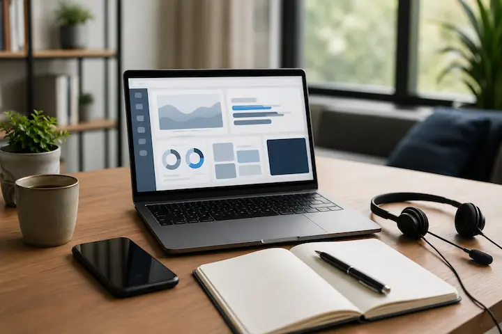 infraestrutura para testes remotos com notebook, anotações e dispositivos de apoio.