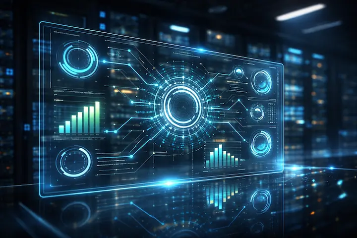 Painel digital holográfico com gráficos de performance e métricas técnicas para monitoramento de ecossistemas digitais.