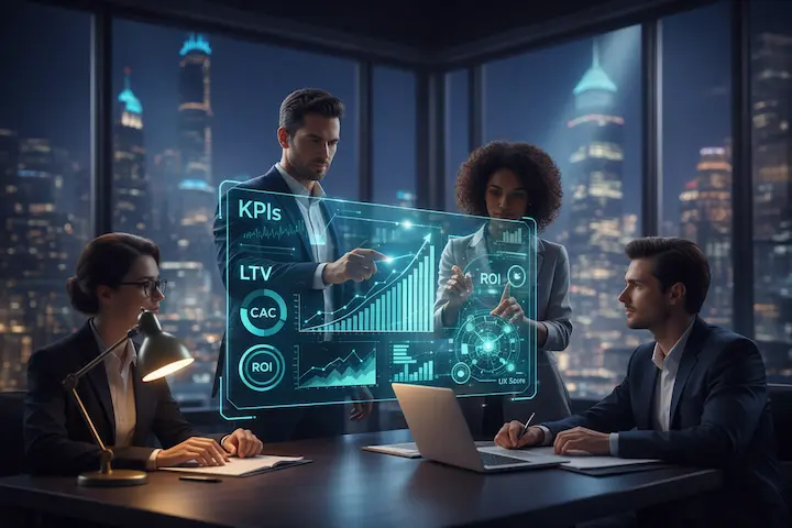 Equipe de gestores analisando métricas de performance como LTV e CAC em interface holográfica de inteligência de dados.