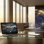 Laptop em mesa de vidro exibindo conexões digitais dinâmicas e holograma de globo terrestre em lounge executivo iluminado pelo pôr do sol.
