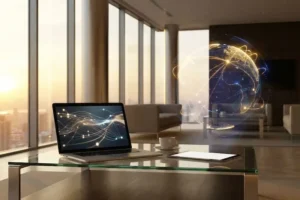 Laptop em mesa de vidro exibindo conexões digitais dinâmicas e holograma de globo terrestre em lounge executivo iluminado pelo pôr do sol.