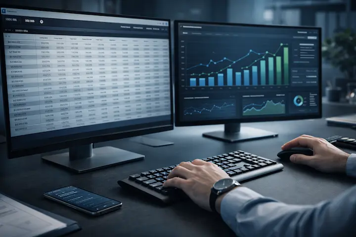 Profissional operando estação de trabalho com dois monitores exibindo planilhas de conversão de câmbio USD/BRL e gráficos analíticos.