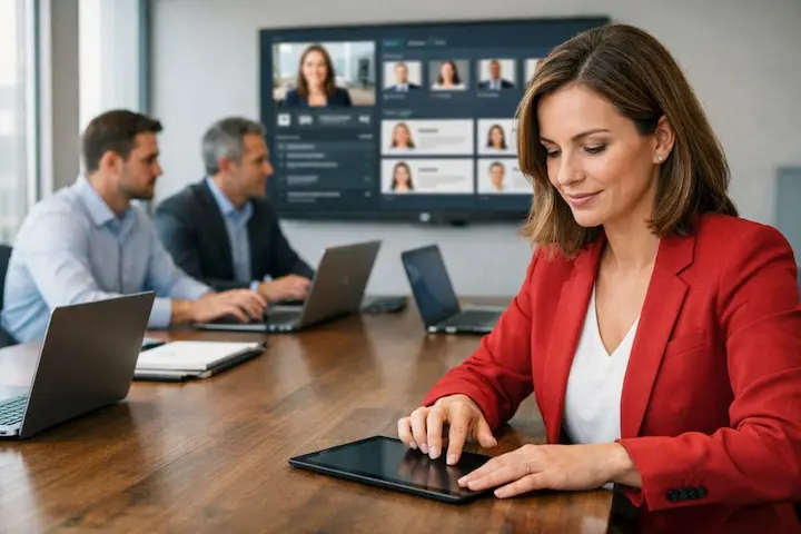 Mulher utilizando tablet para análise de interface em ambiente corporativo profissional.