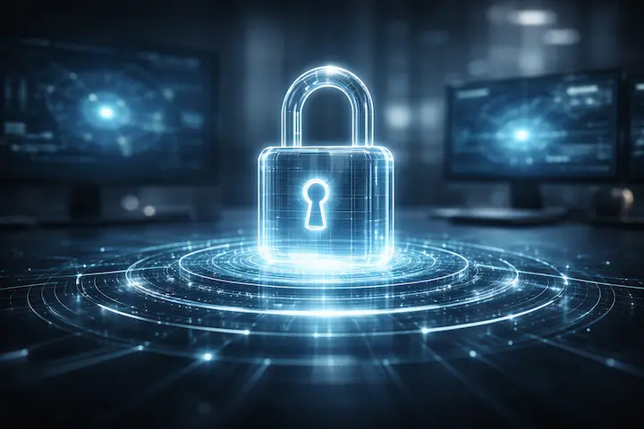 Cadeado digital holográfico representando protocolos de segurança cibernética avançada.