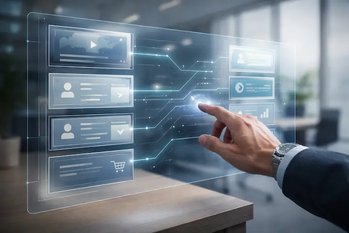 Mão interagindo com tela digital intuitiva, representando a redução da carga mental e fluidez na jornada do usuário.