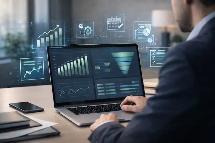 Homem de terno (visto de costas/perfil) utilizando laptop com gráficos de crescimento e ícones de utilitários flutuantes.