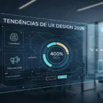 nterface tecnológica de UX Design para 2026 exibindo métricas de 400% de ROI e performance para negócios online.