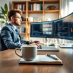 Profissional de tecnologia trabalhando em home office com múltiplos monitores focados em análise de dados.