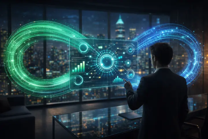 Empreendedor analisando holograma de performance estável com símbolo do infinito digital ao fundo.