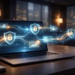 Notebook exibindo interface de automação de marketing e privacidade com ícones de escudos e cadeados representando segurança pós-LGPD.