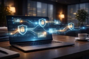 Notebook exibindo interface de automação de marketing e privacidade com ícones de escudos e cadeados representando segurança pós-LGPD.