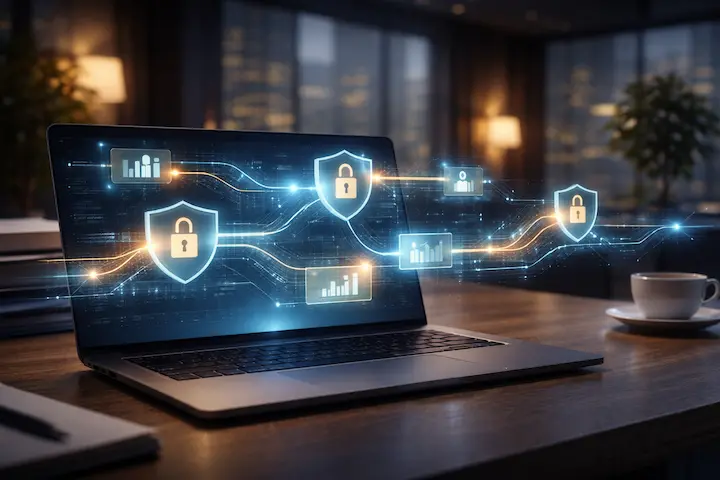 Notebook exibindo interface de automação de marketing e privacidade com ícones de escudos e cadeados representando segurança pós-LGPD.