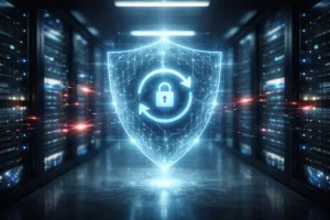 Escudo digital brilhante com ícone de cadeado protegendo servidores em um data center moderno.