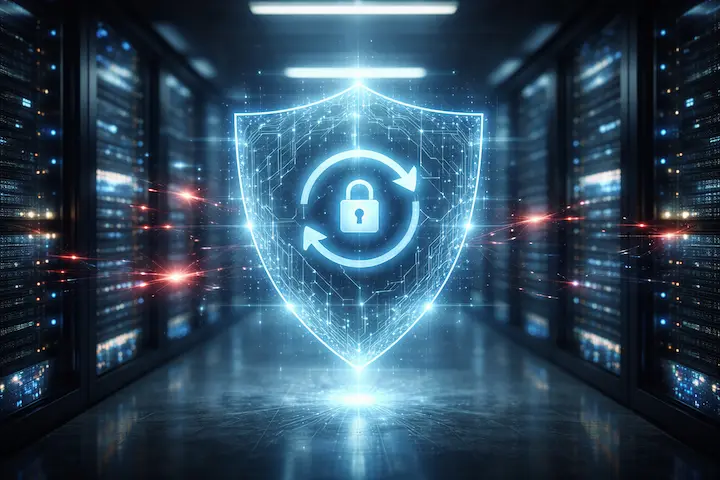 Escudo digital com cadeado em ambiente de servidores, representando backup e recuperação de dados.