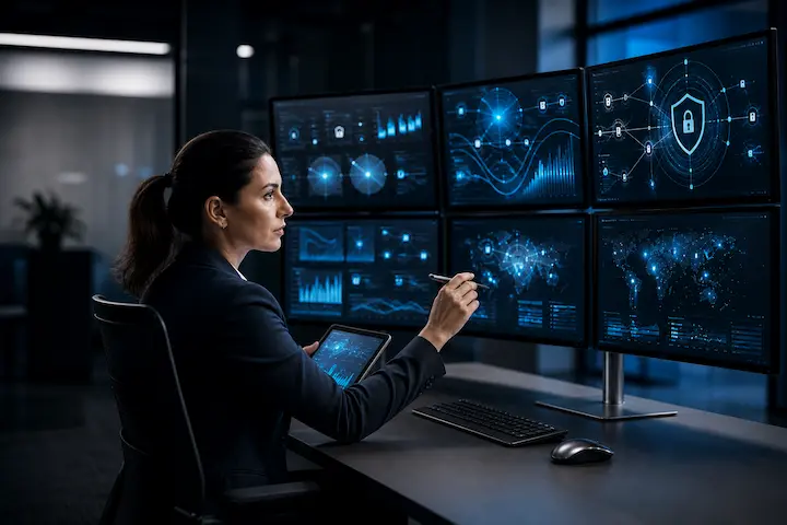 cenário da cibersegurança no mercado digital com análise de dados em ambiente profissional.