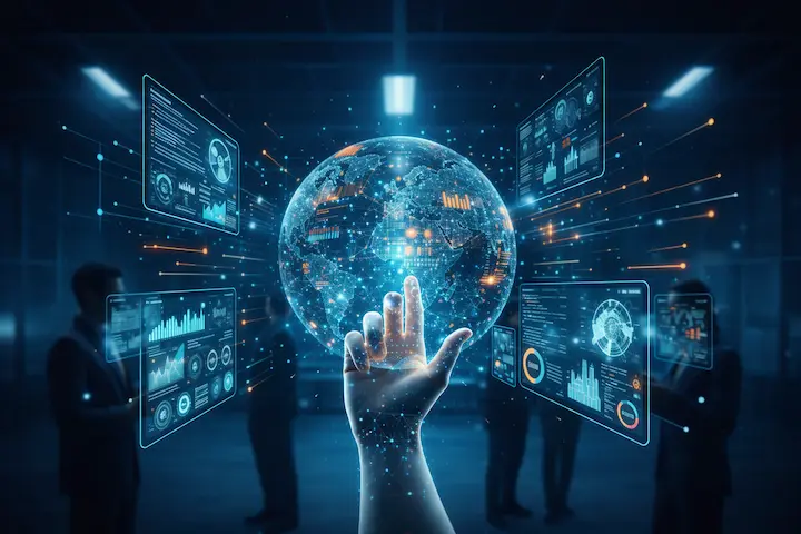 Interface digital exibindo globo conectado e dashboards de análise de dados para gestão de ativos online.