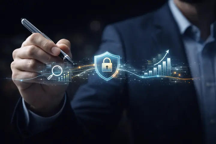 Mão de consultor em terno corporativo desenhando metodologia de segurança com caneta digital, mostrando engrenagens e um gráfico de crescimento protegido por um cadeado holográfico.