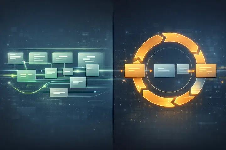 Um infográfico comparativo abstrato e moderno, dividido ao meio. O lado esquerdo mostra um fluxo de trabalho linear com cartões e setas verdes (Kanban). O lado direito mostra um ciclo circular com cartões e setas laranja (Scrum), indicando iteração.