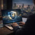 Especialista em cibersegurança atuando em notebook com cadeado digital holográfico flutuando sobre a tela em ambiente de escritório executivo.