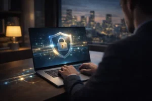 Especialista em cibersegurança atuando em notebook com cadeado digital holográfico flutuando sobre a tela em ambiente de escritório executivo.