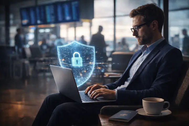 Empreendedor digital sentado em um saguão de aeroporto, focado em um laptop genérico sem marcas. Um escudo de criptografia translúcido e brilhante protege o dispositivo.