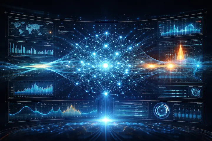 Painel HUD tecnológico com gráficos de análise de fluxo de dados e rede neural monitorando ameaças em tempo real.