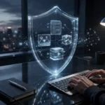 Criador de conteúdo no desktop com holograma de escudo azul protegendo ícones de vídeo, imagem e texto. Representa a soberania digital, direito digital para redes sociais e proteção de ativos no Negócio Online Xpert.