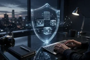 Criador de conteúdo no desktop com holograma de escudo azul protegendo ícones de vídeo, imagem e texto. Representa a soberania digital, direito digital para redes sociais e proteção de ativos no Negócio Online Xpert.