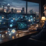 Foto conceitual de um empreendedor soberano analisando redes de blockchain e gráficos de tokenização de ativos digitais.