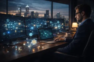 Foto conceitual de um empreendedor soberano analisando redes de blockchain e gráficos de tokenização de ativos digitais.