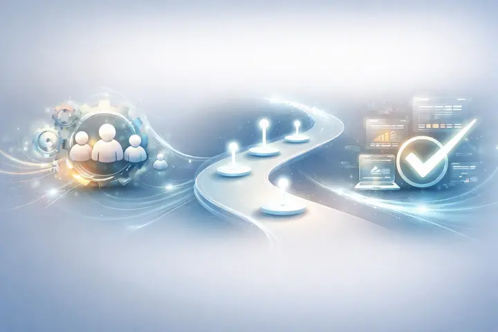 Um infográfico corporativo abstrato e moderno, em tons de azul, mostrando ícones de pessoas sendo integradas a uma engrenagem, seguidas por um caminho com pontos de verificação e um grande checkmark de sucesso.