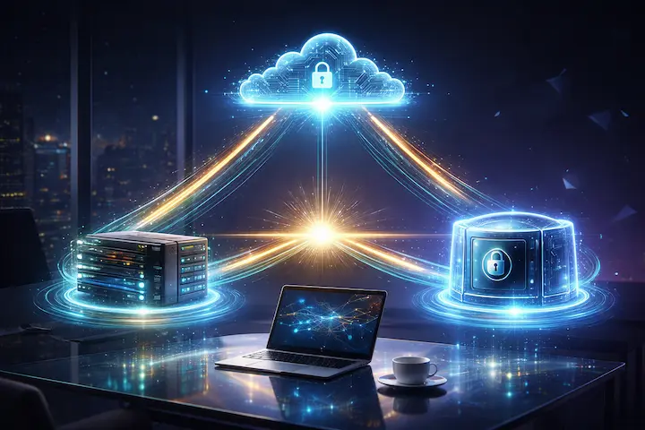Diagrama digital conectando ícone de nuvem, servidor NAS e armazenamento isolado sobre uma mesa de escritório.