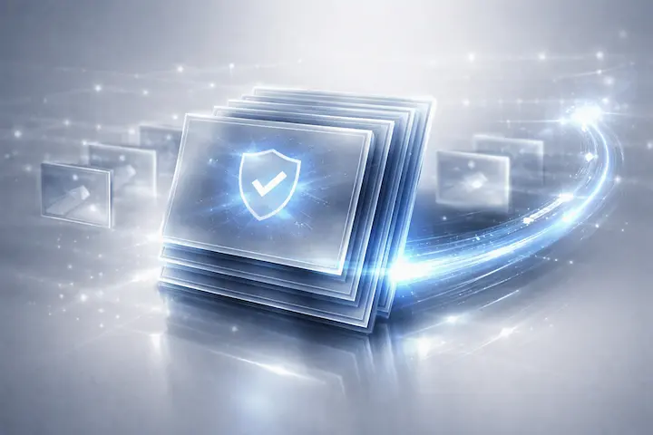 Uma pilha de documentos digitais transparentes com bordas azuis e um holograma de escudo com ícone de verificação ("OK") no centro. Representa a certificação e cadeia de custódia como prova digital de autoria para denunciar plágio.