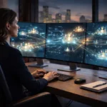 Uma líder de equipe remota sentada em um escritório moderno, gerenciando múltiplos monitores que exibem redes de colaboradores conectados em escala global.