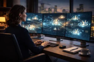 Uma líder de equipe remota sentada em um escritório moderno, gerenciando múltiplos monitores que exibem redes de colaboradores conectados em escala global.