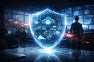 Escudo digital brilhante protegendo ícones de dados e nuvem em um ambiente corporativo moderno de 2026.