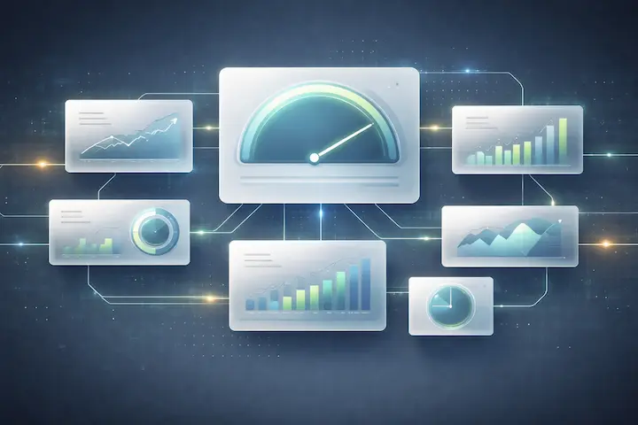 Um dashboard de dados abstrato e profissional, em tons de azul e cinza. Ele exibe múltiplos cartões com gráficos de barras, gráficos de linha, um velocímetro central e ícones de relógio, conectados por linhas de dados.
