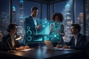 Equipe analisando painel digital com gráficos e indicadores, representando métricas de performance e acompanhamento de resultados digitais.