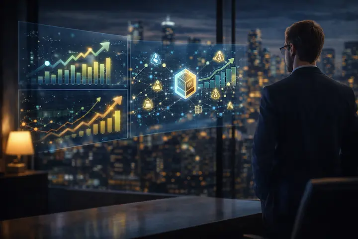 Gráficos institucionais e conceito visual de escala global e captação de recursos através da tokenização para negócios online.