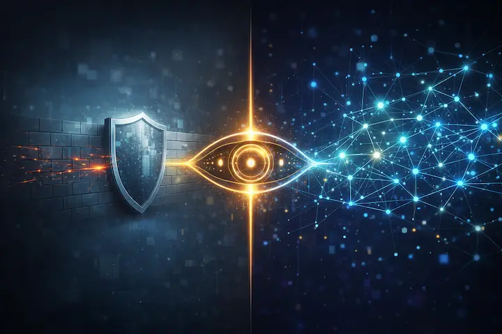 Composição dividida mostrando um muro de segurança antigo e uma rede neural moderna conectada por um olho estratégico central.