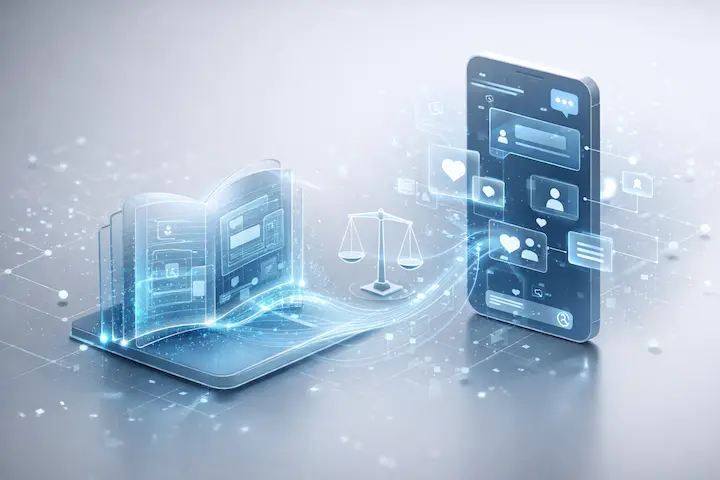 Um smartphone moderno com interface de chat e curtidas, conectado por fluxos de dados azuis a um livro de leis 3D aberto sobre uma plataforma digital. Traduz visualmente o conceito de direito digital para redes sociais.