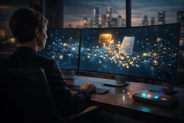 Documentos e blocos digitais conectados em rede blockchain representando tokenização de ativos digitais.