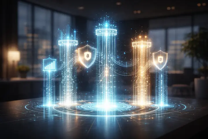 Colunas digitais com escudos e indicadores, representando pilares da automação de marketing responsável.