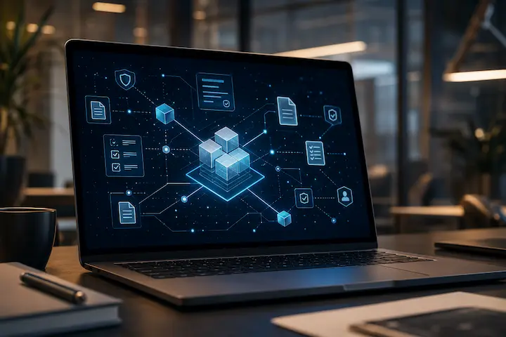 Notebook exibindo blocos digitais, documentos e permissões conectados em rede blockchain.