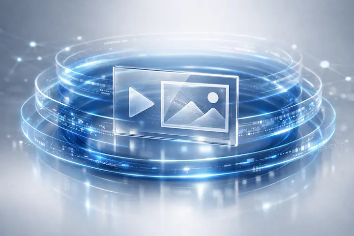 Um ícone transparente 3D de vídeo reel e foto, envolto por três anéis holográficos azuis que giram, simulando camadas técnicas de proteção de arquivos, como metadados e marcas d'água.