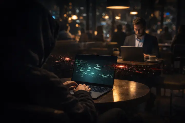 Cena dramática em um café noturno. Em primeiro plano, as costas de um indivíduo com capuz (hacker) olhando para um laptop genérico. Ao fundo, um empreendedor trabalha enquanto linhas de dados digitais são interceptadas entre os dois.
